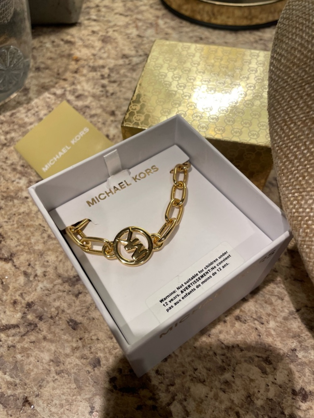 Michael Kors Gold Link Necklace with MK Logo Charm